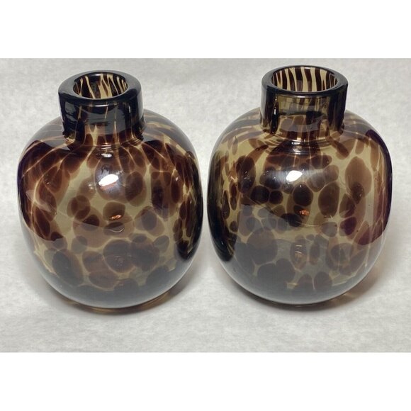 Pier 1 Art Glass Bud Vase Set Tortoise Shell Black Amber Lot of 2 Home Decor - Picture 1 of 5